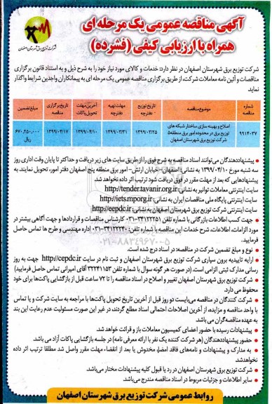 مناقصه عمومی ،مناقصه اصلاح و بهینه سازی ساختار شبکه های توزیع ...