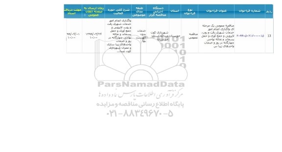 مناقصه عمومی, مناقصه  واگذاری انجام امور خدمات شهری رفت و روب، لایروبی و جمع آوری ...