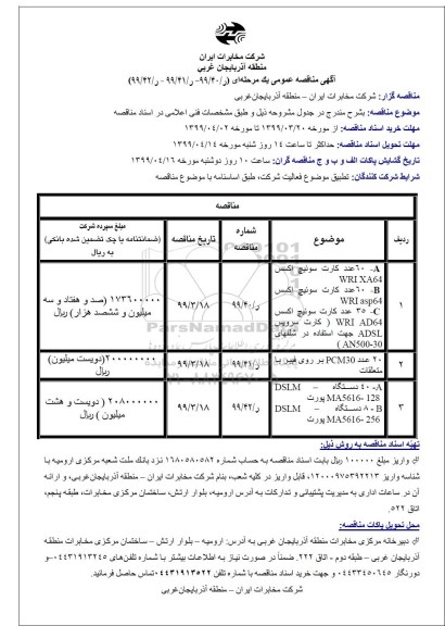 مناقصه  60 عدد کارت سوئیچ اکسس WRIXA65و ...