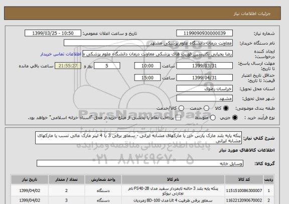 استعلام پنکه پایه بلند مارک پارس خزر یا مارکهای مشابه ایرانی - سماور برقی 3 یا 4 لیتر مارک عالی نسب یا مارکهای مشابه ایرانی 