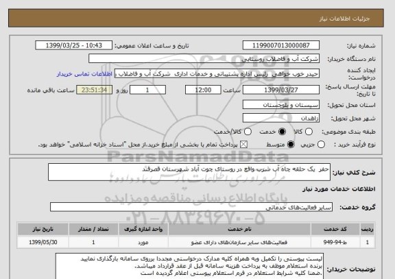 استعلام حفر  یک حلقه چاه آب شرب واقع در روستای چوت آباد شهرستان قصرقند 