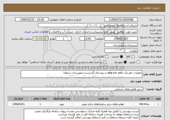 استعلام عملیات حفر یک حلقه چاه واقع در روستای گیدبست شهرستان سراوان 