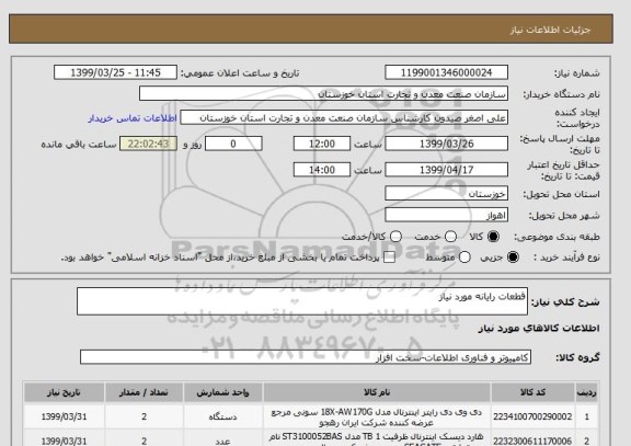 استعلام قطعات رایانه مورد نیاز 