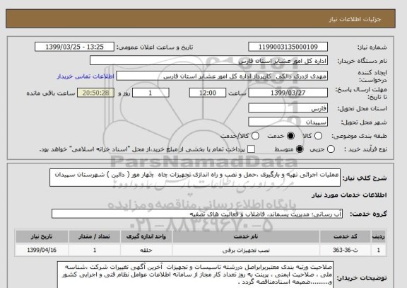 استعلام عملیات اجرائی تهیه و بارگیری ،حمل و نصب و راه اندازی تجهیزات چاه  چهار مور ( دالین ) شهرستان سپیدان
