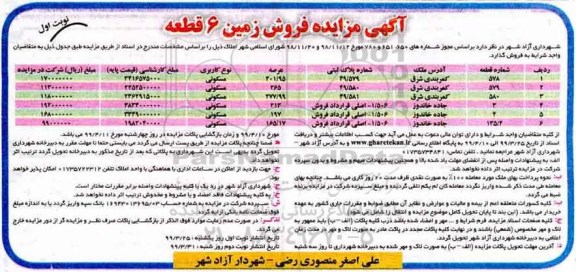 آگهی مزایده،مزایده فروش زمین 6 قطعه نوبت اول