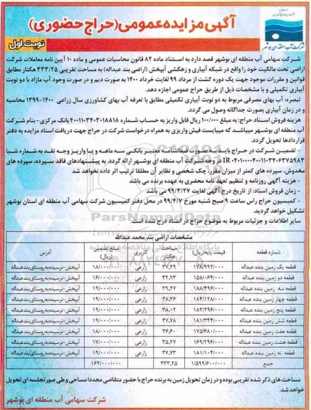 مزایده عمومی, مزایده عمومی اجاره اراضی