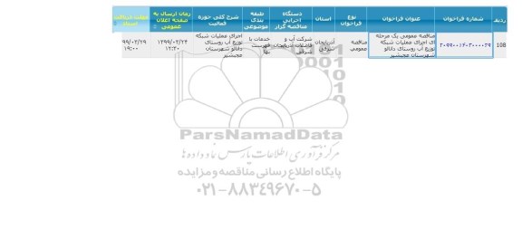 مناقصه مناقصه  اجرای عملیات تکمیل شبکه توزیع آب روستای 