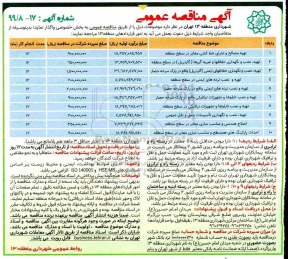 مناقصه، مناقصه تهیه مصالح و اجرای خط کشی معابر و...
