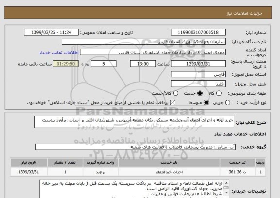استعلام خرید لوله و اجرای انتقال آب چشمه سیبکی بکان منطقه آسپاس، شهرستان اقلید بر اساس برآورد پیوست