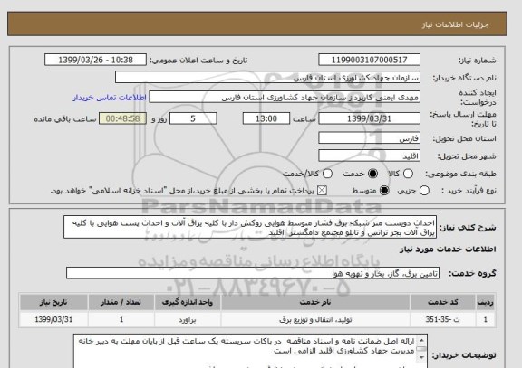 استعلام احداث دویست متر شبکه برق فشار متوسط هوایی روکش دار با کلیه یراق آلات و احداث پست هوایی با کلیه یراق آلات بجز ترانس و تابلو مجتمع دامگستر  اقلید 