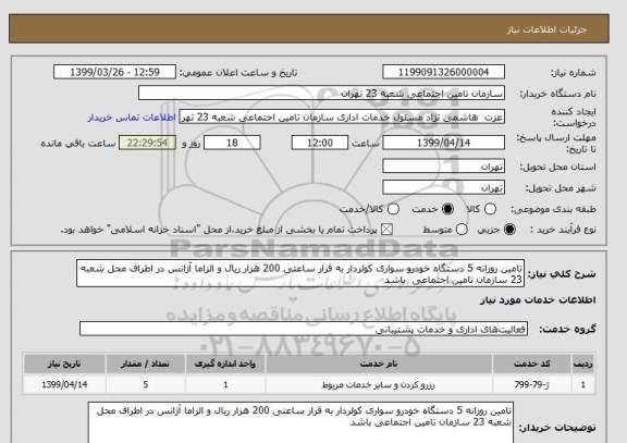استعلام تامین روزانه 5 دستگاه خودرو سواری کولردار به قرار ساعتی 200 هزار ریال و الزاما آژانس در اطراف محل شعبه 23 سازمان تامین اجتماعی  باشد 
