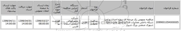 مناقصه عمومی یک مرحله ای پروژه احداث و اجرا شبکه داخلی مخابرات فاز5 و تکمیل مابرات فاز2 شهرک صنعتی بزرگ شیراز