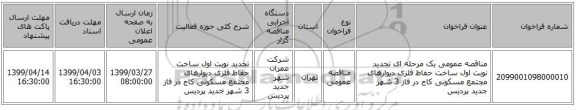 مناقصه عمومی یک مرحله ای تجدید نوبت اول ساخت حفاظ فلزی دیوارهای مجتمع مسکونی کاج در فاز 3 شهر جدید پردیس