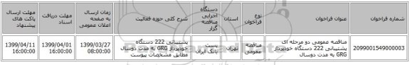 مناقصه عمومی دو مرحله ای پشتیبانی 222 دستگاه خودپرداز GRG به مدت دوسال
