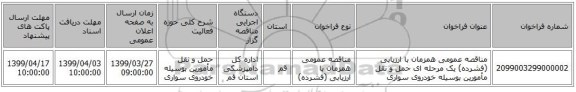 مناقصه عمومی همزمان با ارزیابی (فشرده) یک مرحله ای حمل و نقل مأمورین بوسیله خودروی سواری