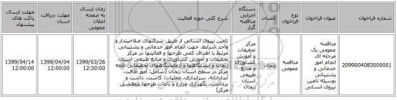 مناقصه عمومی یک مرحله ای انجام امور خدماتی و پشتیبانی بوسیله تامین نیروی انسانی