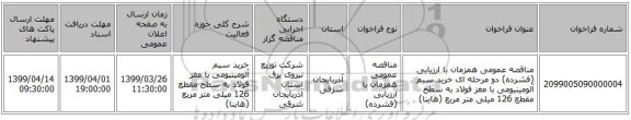 مناقصه عمومی همزمان با ارزیابی (فشرده) دو مرحله ای خرید سیم آلومینیومی با مغز فولاد به سطح مقطع 126 میلی متر مربع (هاینا)