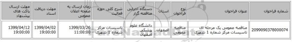 مناقصه عمومی یک مرحله ای تاسیسات مرکز شماره 1 شهری