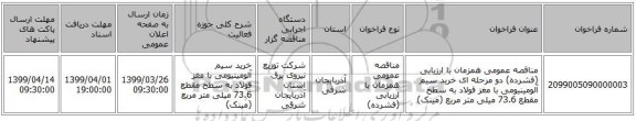 مناقصه عمومی همزمان با ارزیابی (فشرده) دو مرحله ای خرید سیم آلومینیومی با مغز فولاد به سطح مقطع 73.6 میلی متر مربع (مینک)