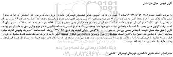 مزایده، مزایده فروش شش دانگ پلاک ثبتی 2 فرعی 225 اصلی به مساحت حدود 87 متر مربع 