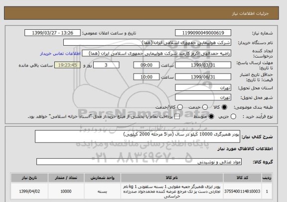 استعلام پودر همبرگری 10000 کیلو در سال (در 5 مرحله 2000 کیلویی) 