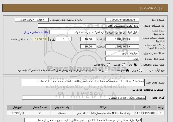 استعلام گمرک رازی در نظر دارد دو دستگاه بخچال 13 فوت پارس مطابق با لیست پیوست خریداری نماید .