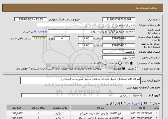 استعلام قیر 60 /70 استاندارد تحویل کارخانه اسفالت سومار شهرستان قصرشیرین