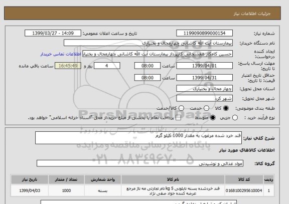 استعلام قند خرد شده مرغوب به مقدار 1000 کیلو گرم