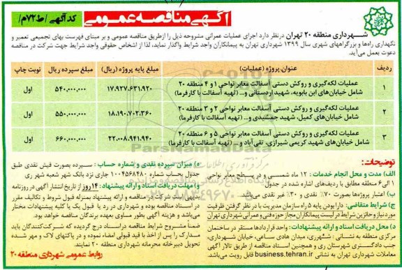 آگهی مناقصه عمومی , مناقصه عملیات لکه گیری و روکش دستی اسفالت