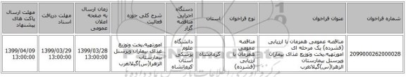 مناقصه عمومی همزمان با ارزیابی (فشرده) یک مرحله ای امورتهیه.پخت وتوزیع غذای بیماران وپرسنل بیمارستان الزهرا(س)گیلانغرب