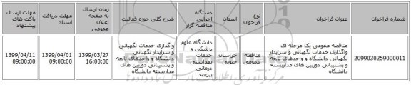 مناقصه عمومی یک مرحله ای واگذاری خدمات نگهبانی و سرایدار نگهبانی دانشگاه و واحدهای تابعه و پشتیبانی دوربین های مداربسته دانشگاه 