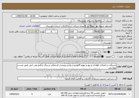 استعلام شیرآلات و اتصالات فولادی و پیچ و مهره گالوانیره و واشر منجتدار لاستیکی و رینگ و فلنج پلی اتیلن طبق لیست پیوستی