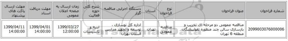 مناقصه عمومی دو مرحله ای تخریب و بازسازی سالن چند منظوره تقواپیشگان منطقه 6 تهران