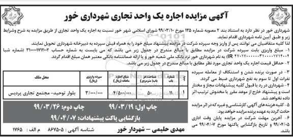 مزایده , مزایده اجاره یک واحد تجاری 