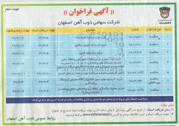 مناقصه ، مناقصه خرید وان سرباره کوره بلند- نوبت دوم 