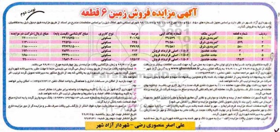 آگهی مزایده،مزایده فروش زمین 6 قطعه نوبت دوم