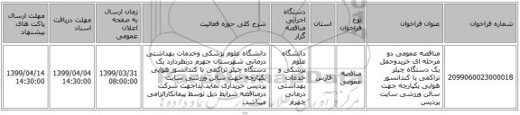 مناقصه عمومی دو مرحله ای خریدوحمل یک دستگاه چیلر تراکمی با کندانسور هوایی یکپارچه جهت سالن ورزشی سایت پردیس 