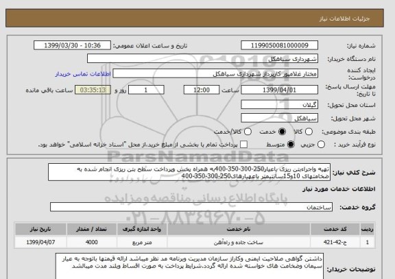 استعلام تهیه واجراءبتن ریزی باعیار250-300-350-400به همراه پخش وپرداخت سطح بتن ریزی انجام شده به ضخامتهای 10و15سانتیمتر باعهیارهای250-300-350-400