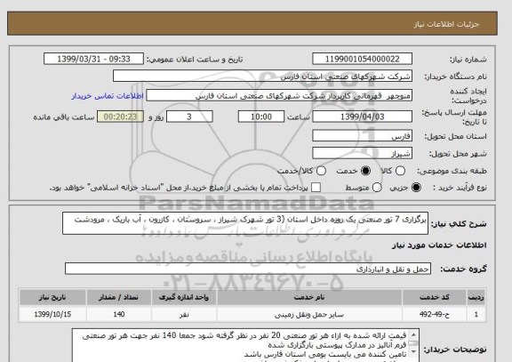 استعلام برگزاری 7 تور صنعتی یک روزه داخل استان (3 تور شهرک شیراز ، سروستان ، کازرون ، آب باریک ، مرودشت