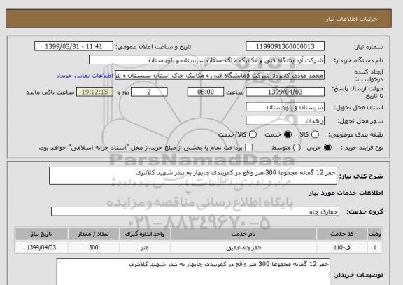 استعلام حفر 12 گمانه مجموعا 300 متر واقع در کمربندی چابهار به بندر شهید کلانتری