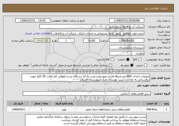 استعلام عملیات احداث 865 متر شبکه فشار متوسط و نصب یک/1 دستگاه پست هوائی کم تلفات 25 کاوا جهت برقرسانی به چاه آب شرب روستای چرک شهرستان قصرقند 