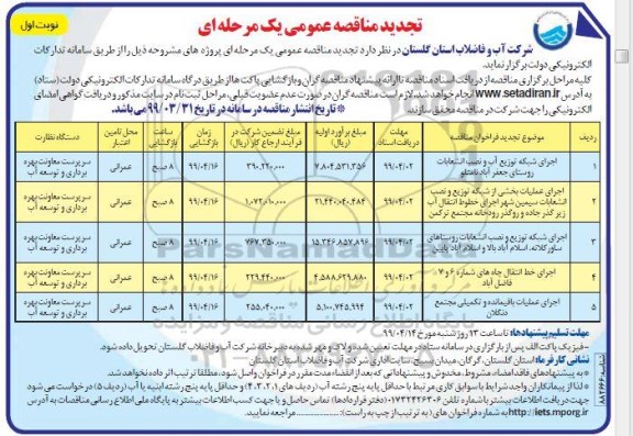 تجدید مناقصه عمومی, تجدید مناقصه اجرای شبکه توزیع آب و نصب انشعابات... 