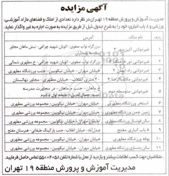 مزایده ، مزایده تعدادی از املاک و فضاهای مازاد آموزشی ورزشی و 8 باب انباری
