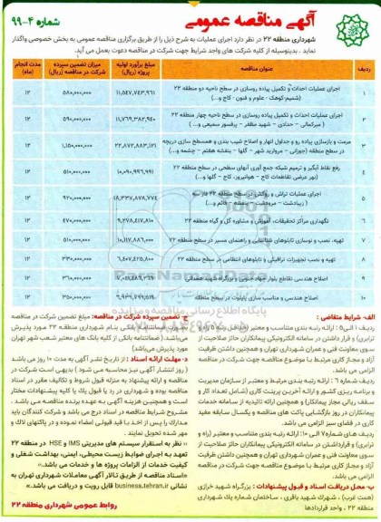 آگهی مناقصه عمومی , مناقصه اجرای عملیات احداث و تکمیل پیاده روسازی ...