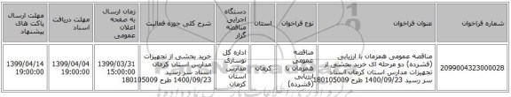 مناقصه عمومی همزمان با ارزیابی (فشرده) دو مرحله ای خرید بخشی از تجهیزات مدارس استان کرمان اسناد سر رسید 1400/09/23 طرح 180105009