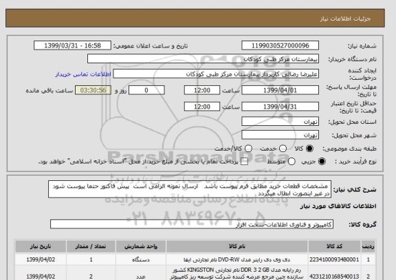 استعلام  مشخصات قطعات خرید مطابق فرم پیوست باشد   ارسال نمونه الزامی است  پیش فاکتور حتما پیوست شود در غیر اینصورت ابطال میگردد 