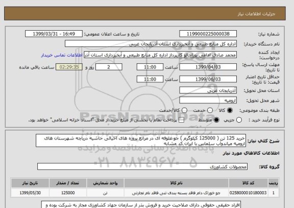 استعلام خرید 125 تن ( 125000 کیلوگرم ) جو علوفه ای در مراتع پروژه های احیائی حاشیه دریاچه شهرستان های ارومیه میاندوآب سلماس با ایران کد مشابه 