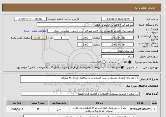 استعلام 72 متر لوله فولادی مشبک با شیار استاندارد با ضخامت حداقل 6 میلیمتر