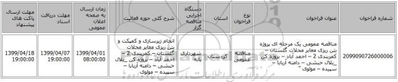 مناقصه عمومی یک مرحله ای پروژه بتن ریزی معابر محلات گلستان – کمربندی 2 – احمد آباد – بروژه کن _بلال حبشی – دامنه آربابا – سپیده – مولوی  