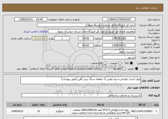 استعلام ورق آجدار -ناودانی-سیم جوش 3- صفحه سنگ برش آهن (طبق پیوست)